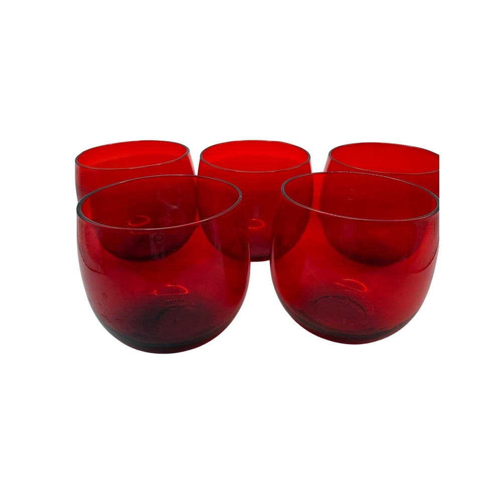 Vintage Ruby Red Glass Tumblers Set 5 Mid Century Modern Stemless Juice Glasses
